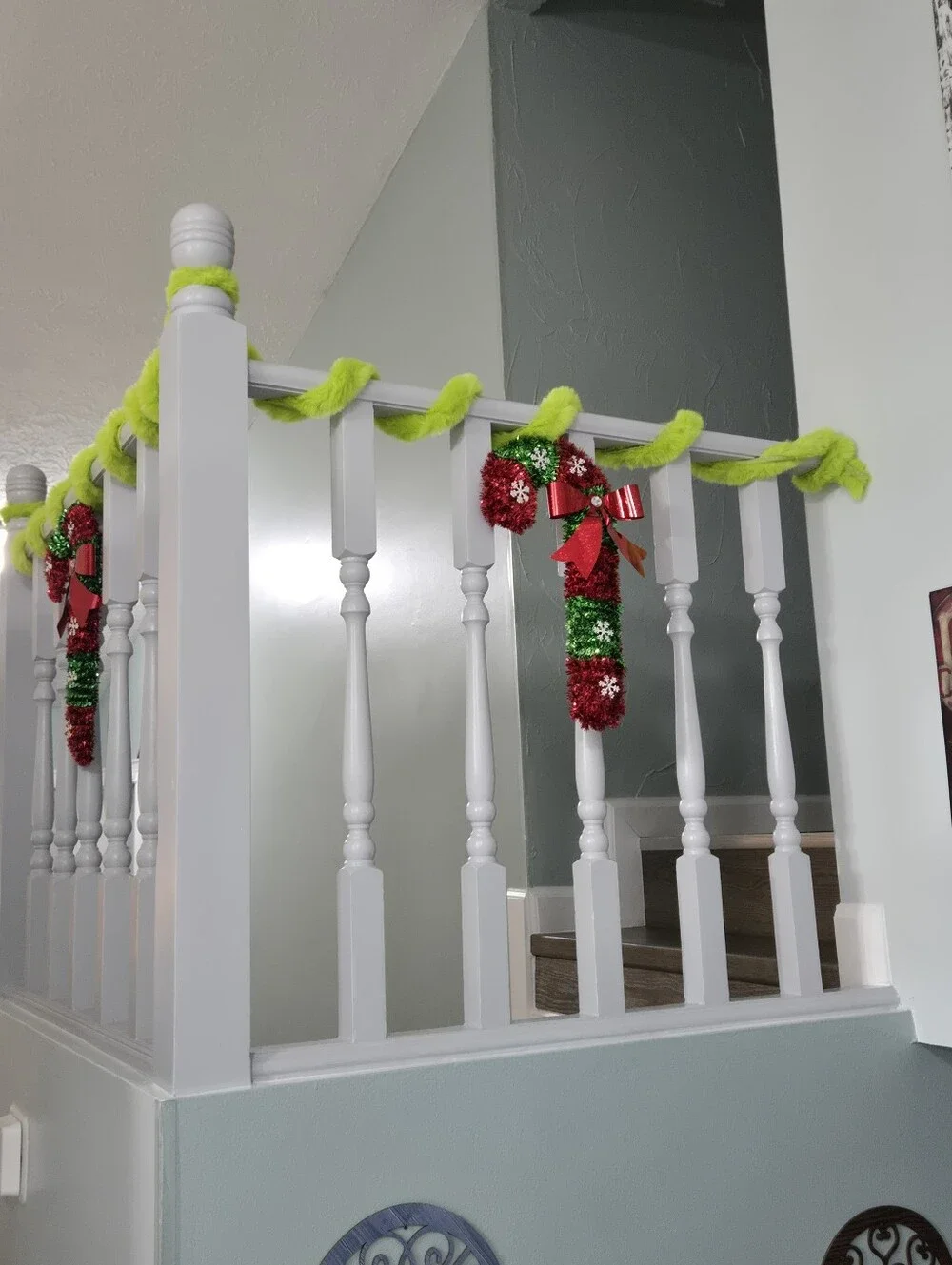 Holiday Tinsel Garland with Red & Green Candy Cane Accents -(2) Unbranded, EUC